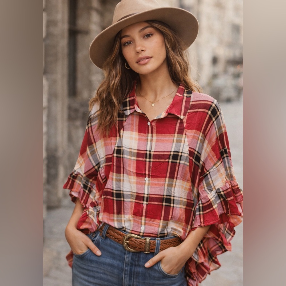 Red Plaid Ruffle-Sleeve Button Front Blouse - Women